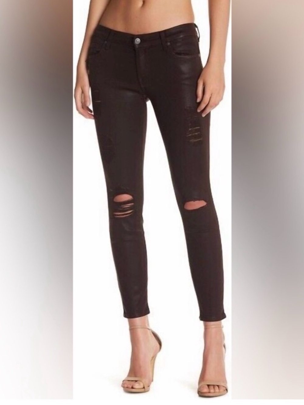 7‎ For All Mankind The Ankle Skinny Jeans Black Distressed Ripped Knee Size 25
